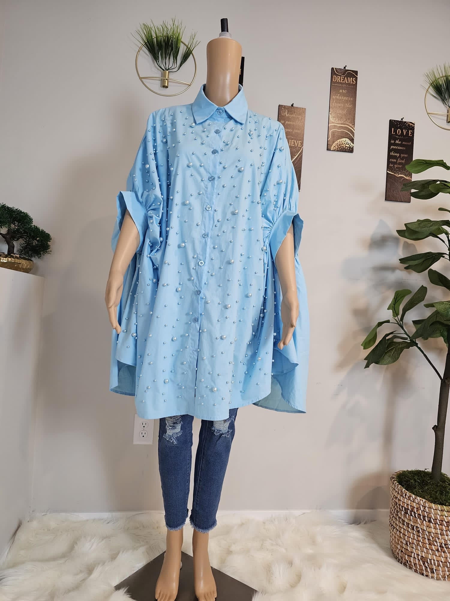 BIG STYLZ | Blue Button-Down Pearl Dress Shirt - BIGSTYLZ
