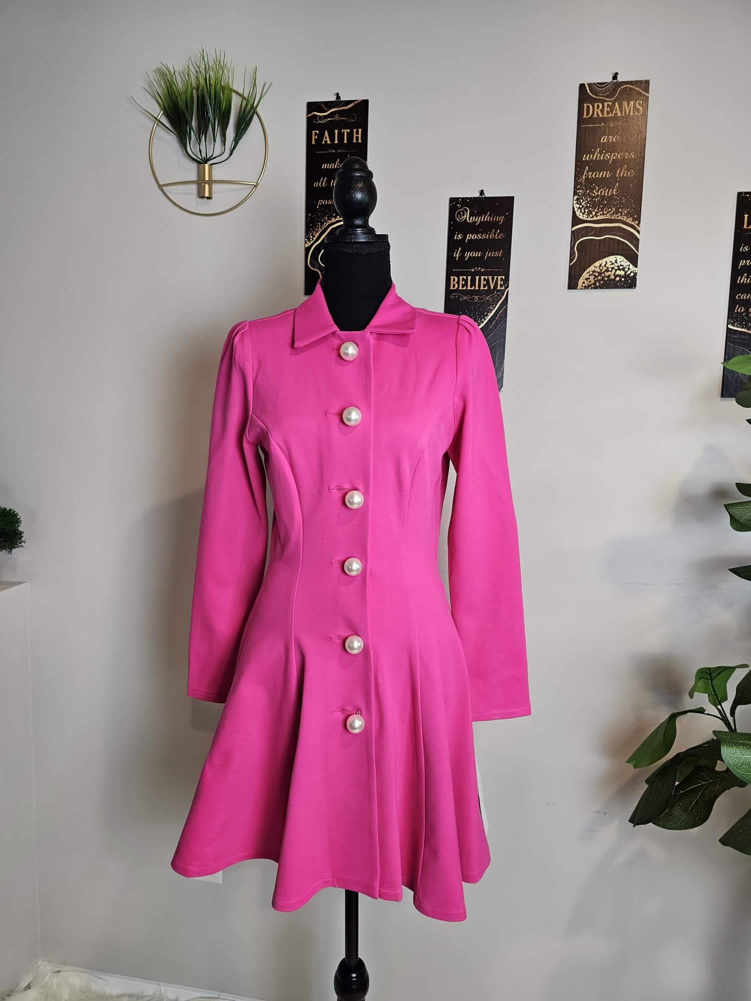 BIG STYLZ | Girl Boss Long sleeved Rich Pink Dress with Large Pearl Buttons - BIGSTYLZ