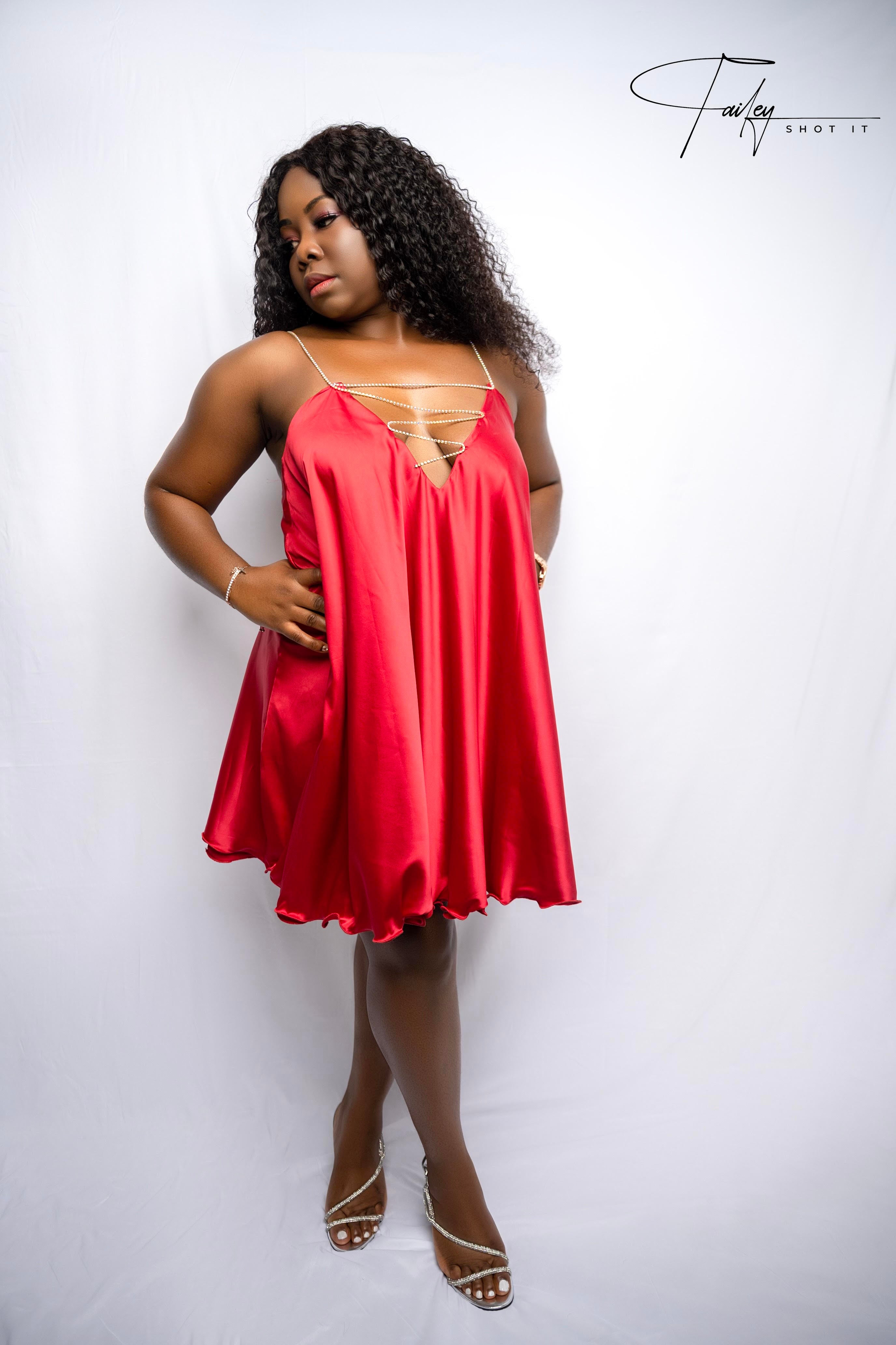 Party All Night | Red Satin Flare Short Dress with Chain Strap - BIGSTYLZ